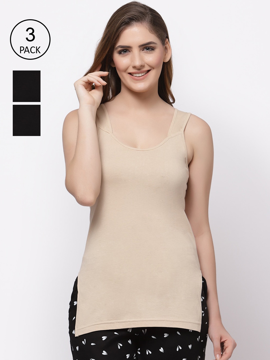 

Floret Women Pack of 3 Black & Nude Solid Non-Padded Cotton Camisoles