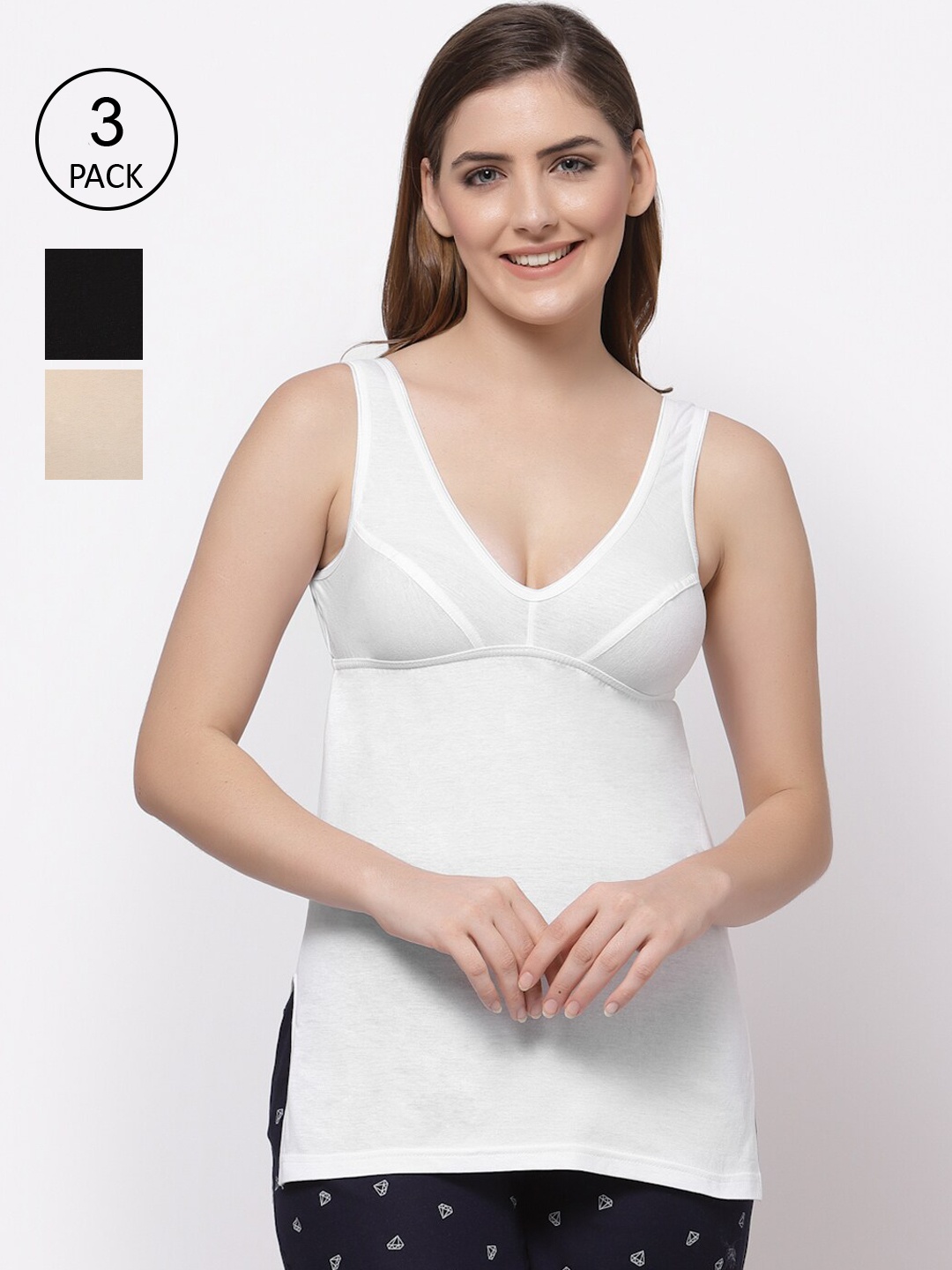 

Floret Women Pack Of 3 Solid Cotton Camisoles, White