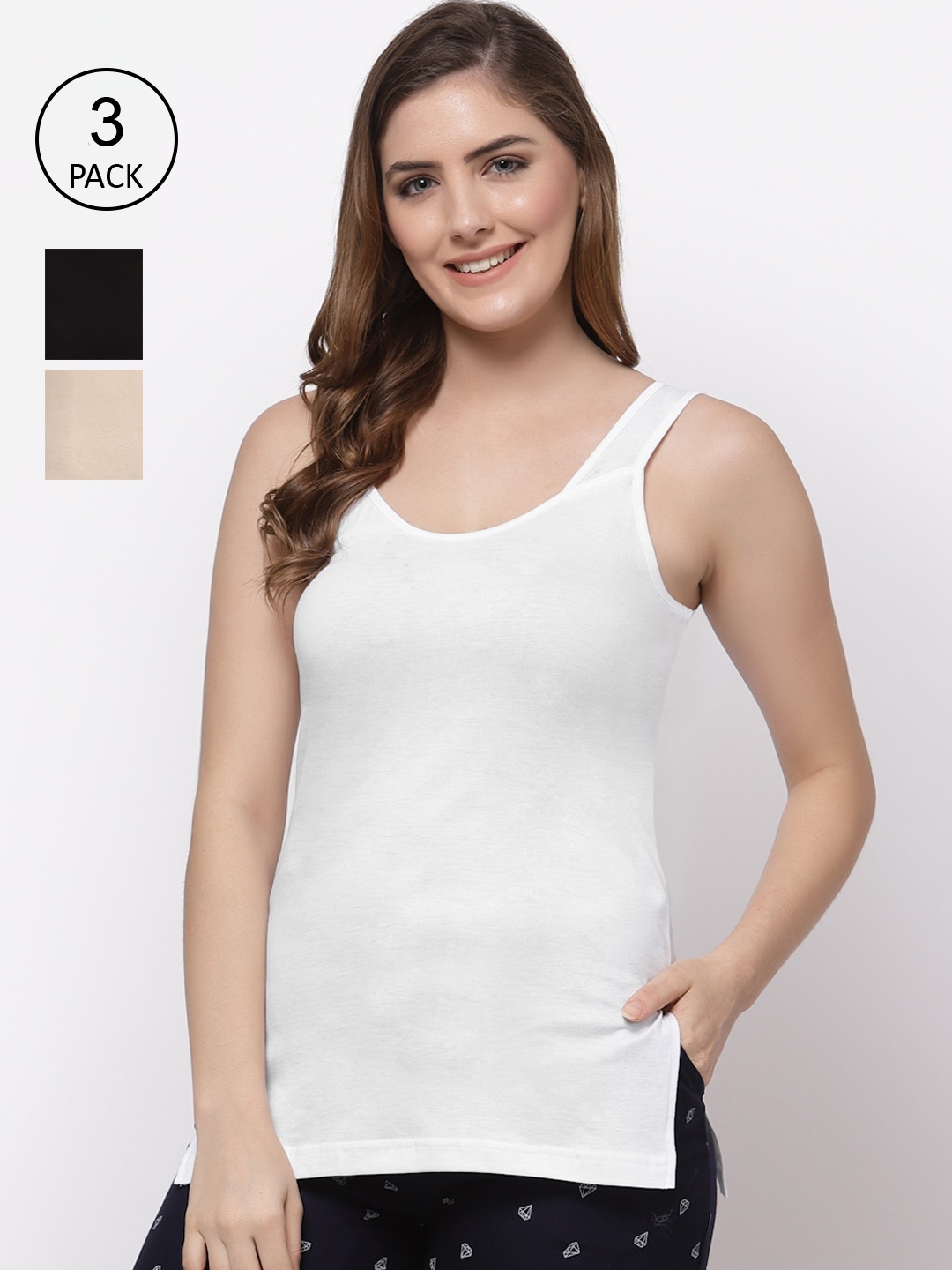 

Floret Women Pack of 3 Solid Cotton Camisoles, White