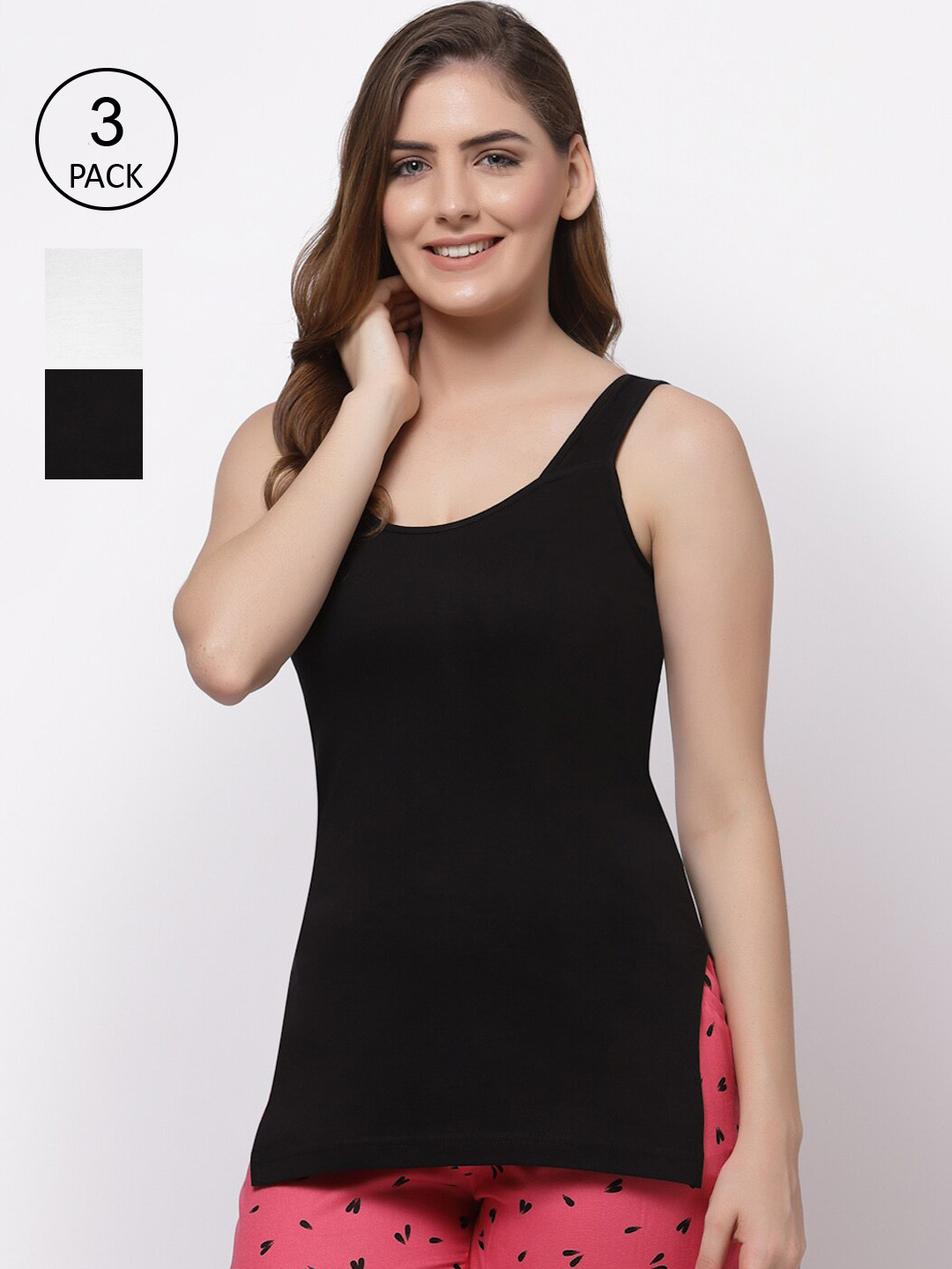 

Floret Women Pack of 3 Solid Cotton Camisoles, Black