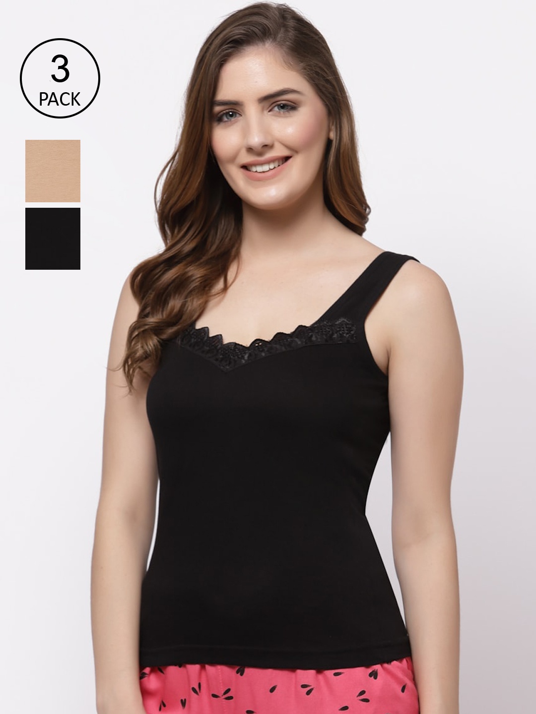 

Floret Women Pack of 3 Solid Cotton Camisoles, Black