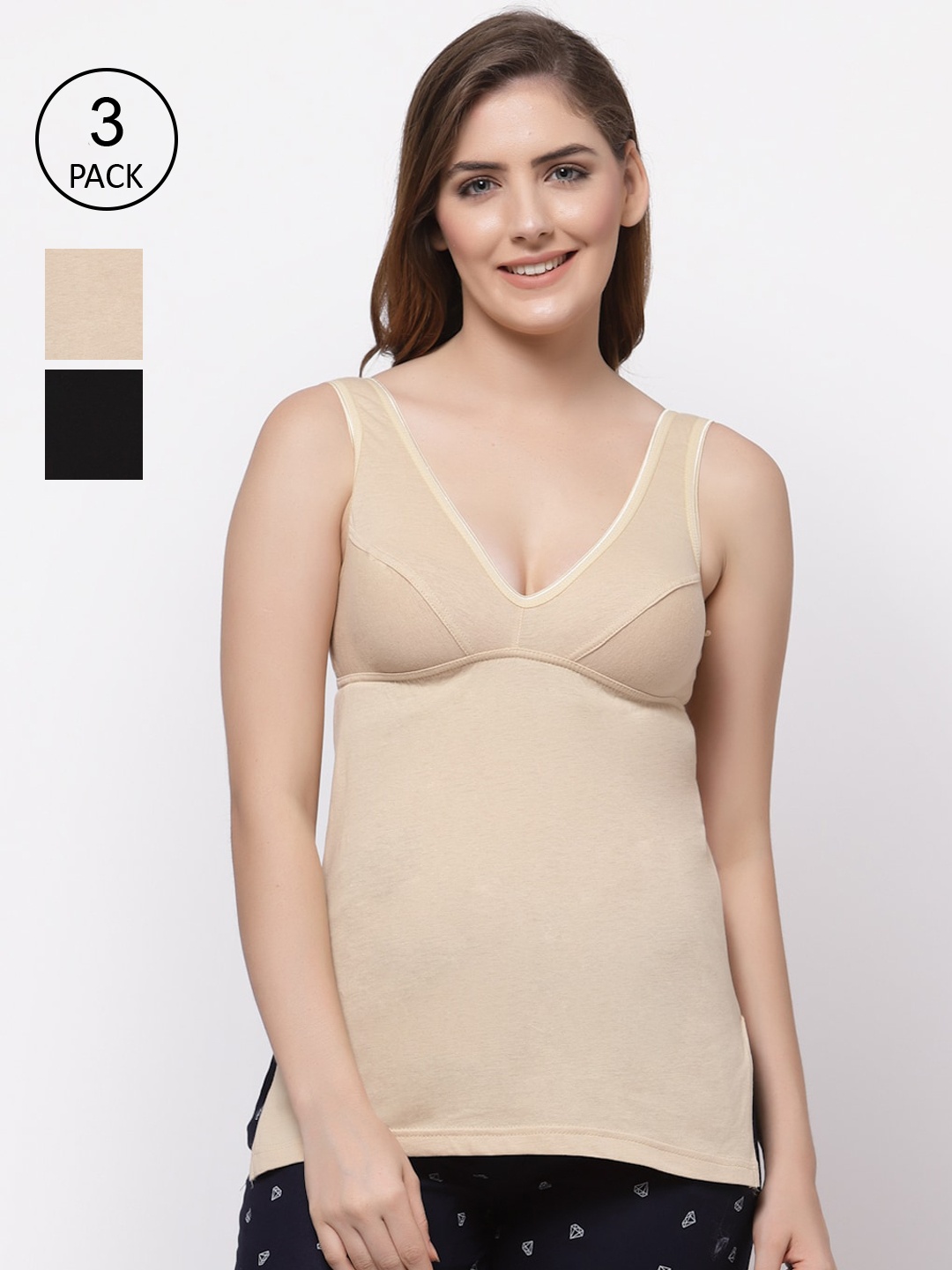 

Floret Women Pack of 3 Solid Cotton Camisoles, Beige
