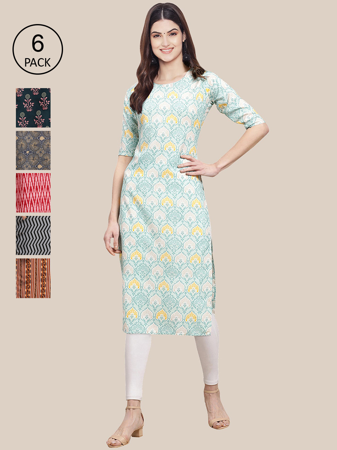 

Ethnic basket Women Pack of 6 Printed Crepe Kurtas, Multi