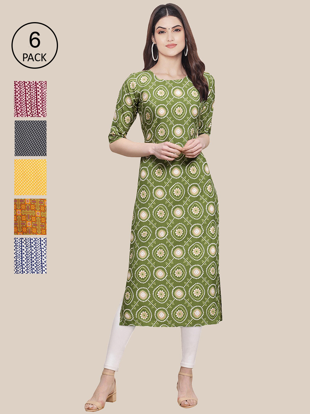 

Ethnic basket Women Pack of 6 Printed Crepe Kurtas, Multi