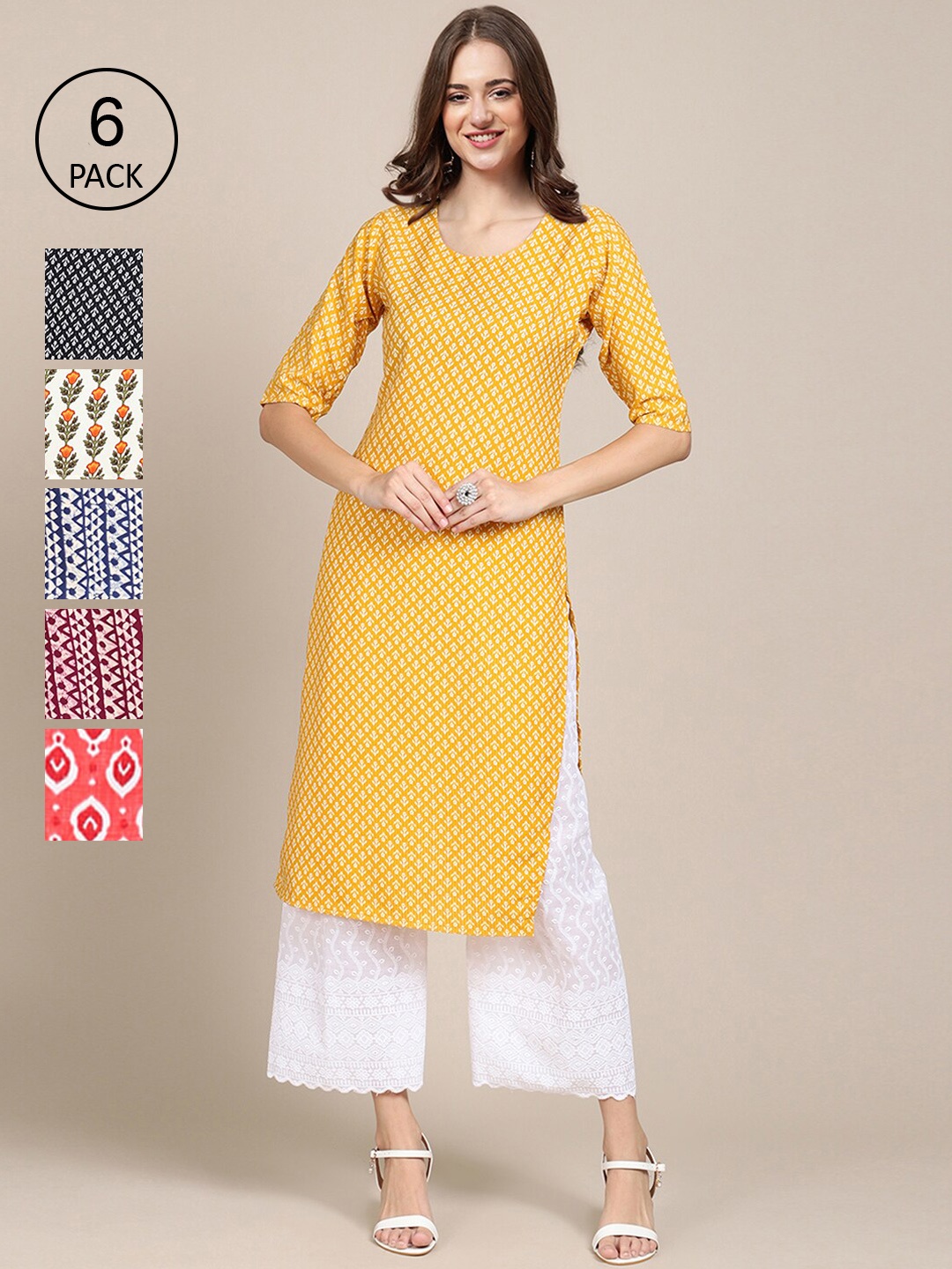 

Ethnic basket Women Pack of 6 Geometric Printed Summer Sheers Crepe Kurta, Yellow