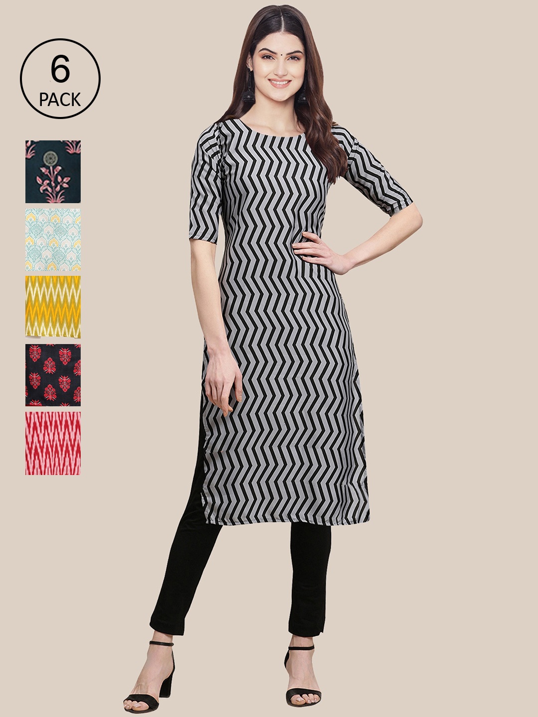 

Ethnic basket Women Pack of 6 Women Printed Straight Crepe Kurta, Multi