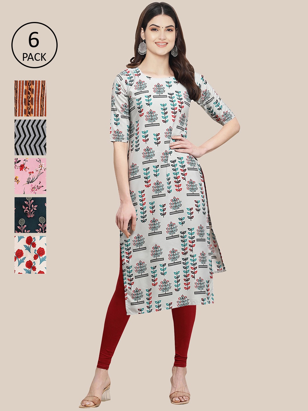 

Ethnic basket Women Pack of 6 Ethnic Motifs Printed Crepe Kurta, Multi