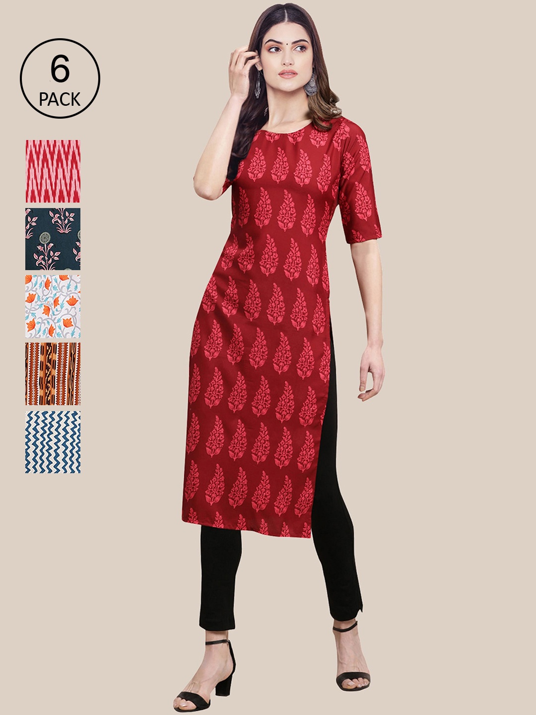

Ethnic basket Women Pack Of 6 Printed Summer Sheers Crepe Kurta, Maroon