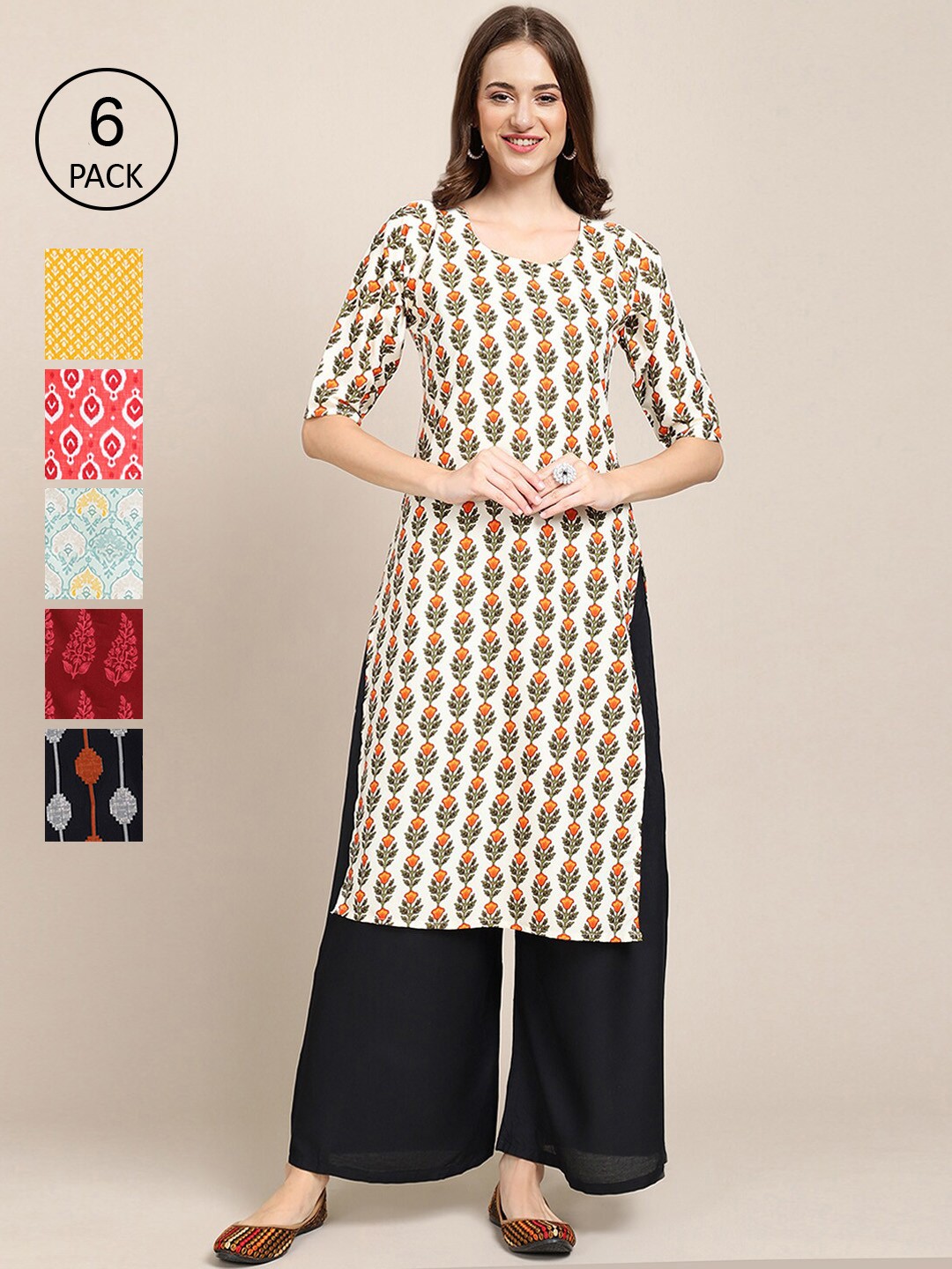 

Ethnic basket Women Pack Of 6 Summer Sheers Crepe Kurta, Yellow