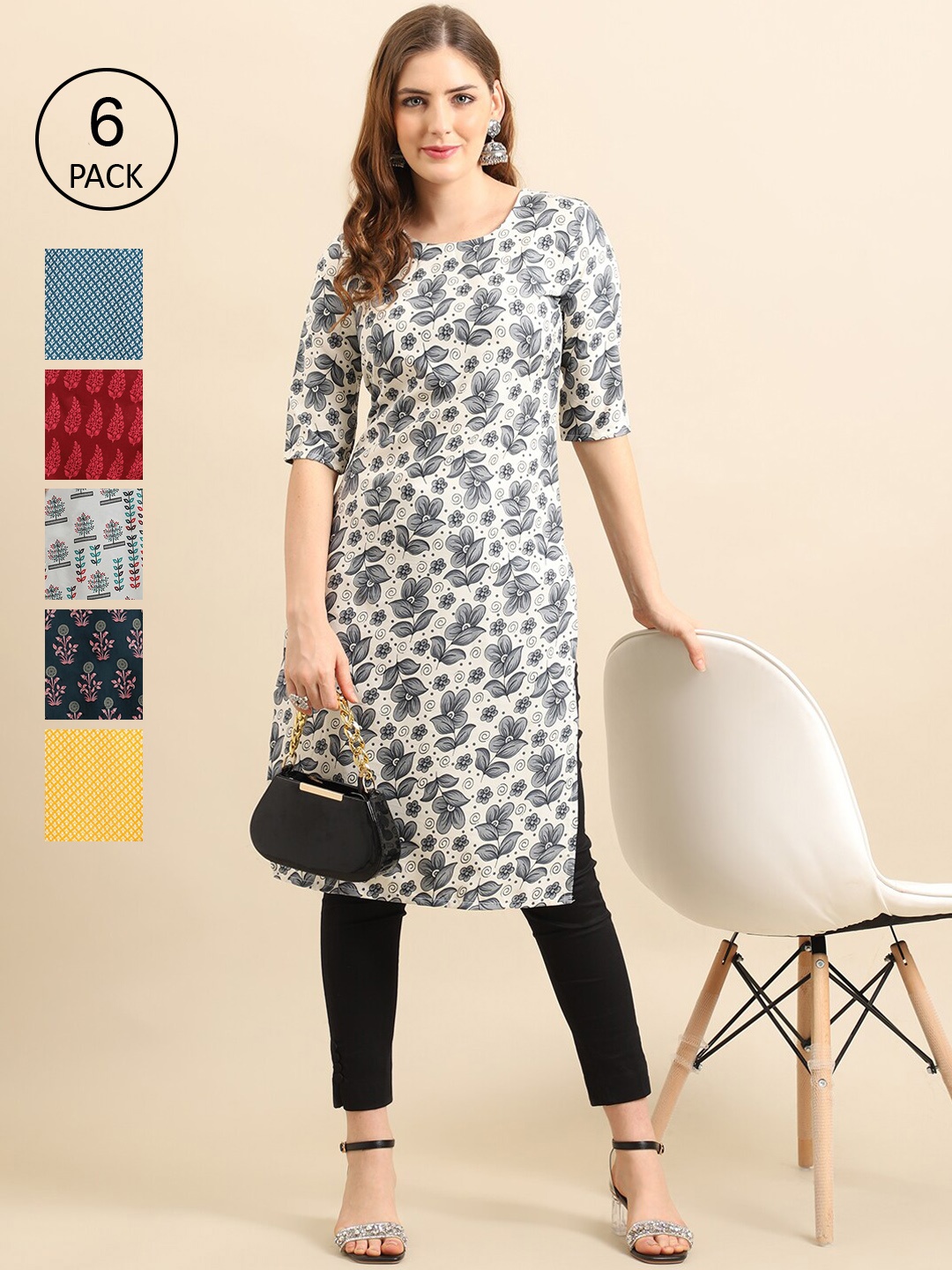 

Ethnic basket Women Pack of 6 Ethnic Motifs Printed Crepe Kurta, Multi