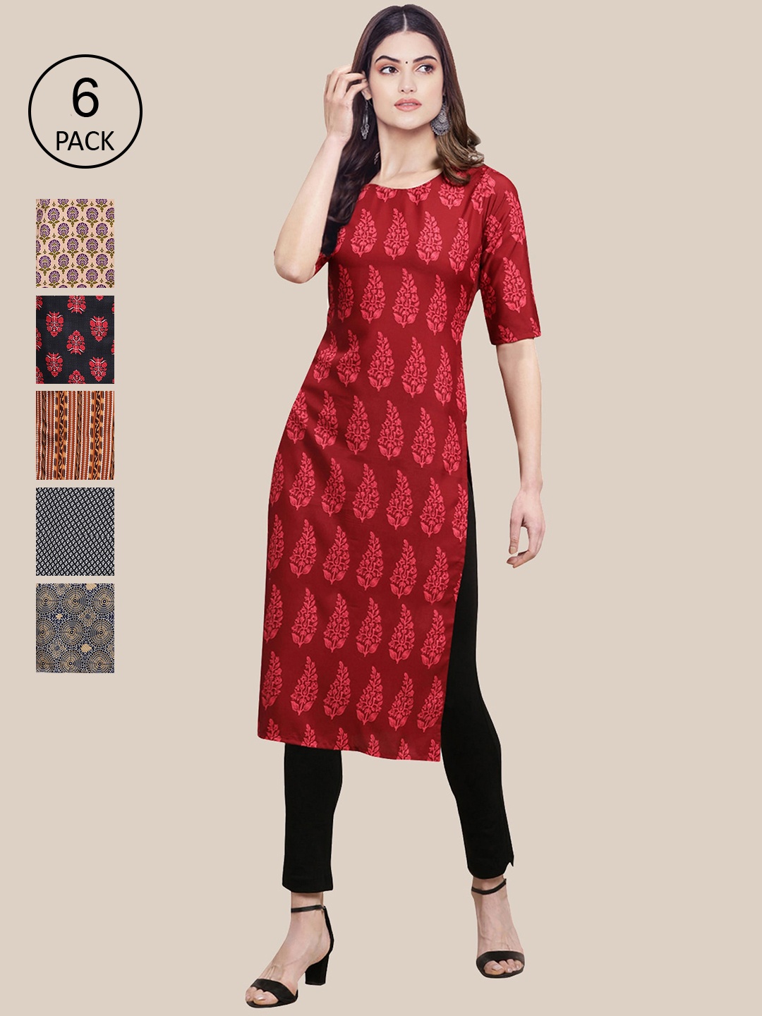 

Ethnic basket Pack of 6 Women Maroon & Black Ethnic Motifs Printed Crepe Kurta