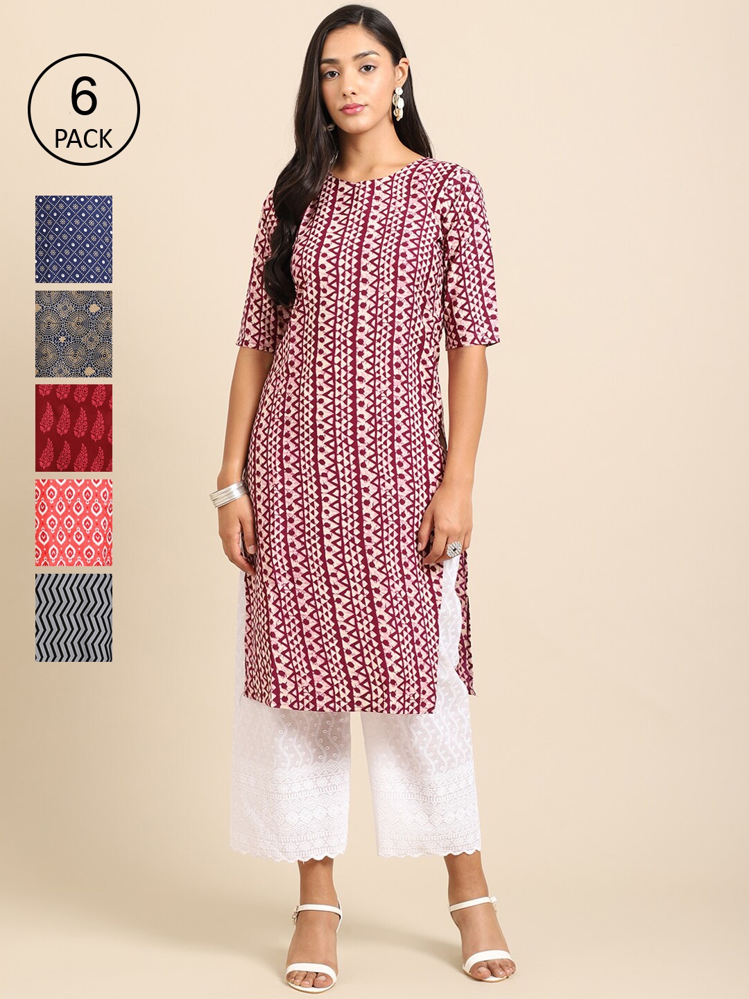 

Ethnic basket Women Pack Of 6 Geometric Printed Thread Work Summer Sheers Kurta, Multi