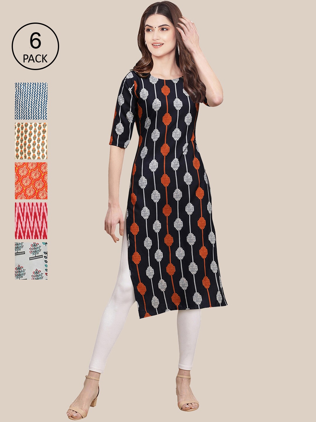 

Ethnic basket Women Pack of 6 Geometric Printed Summer Sheers Crepe Kurta, Red