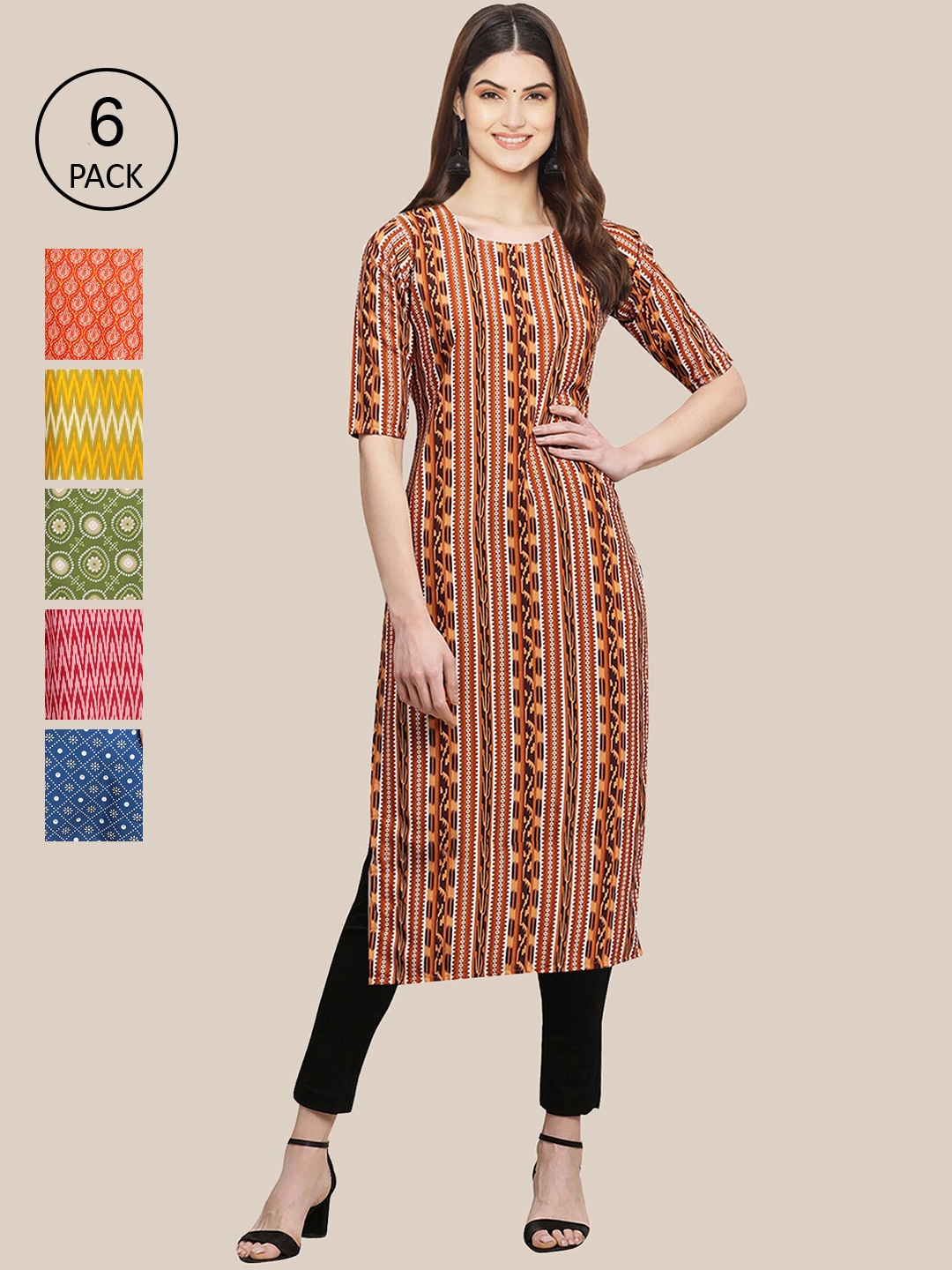 

Ethnic basket Women Set Of 6 Yellow & Green Ethnic Motifs Printed Crepe Kurta