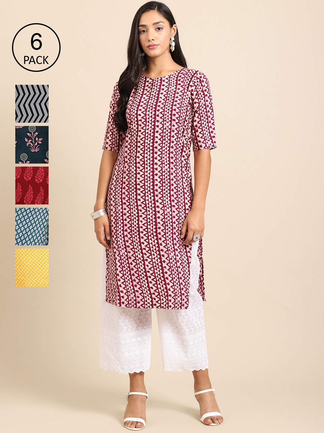 

Ethnic basket Women Pack Of 6 Summer Sheers Crepe Kurta, Yellow