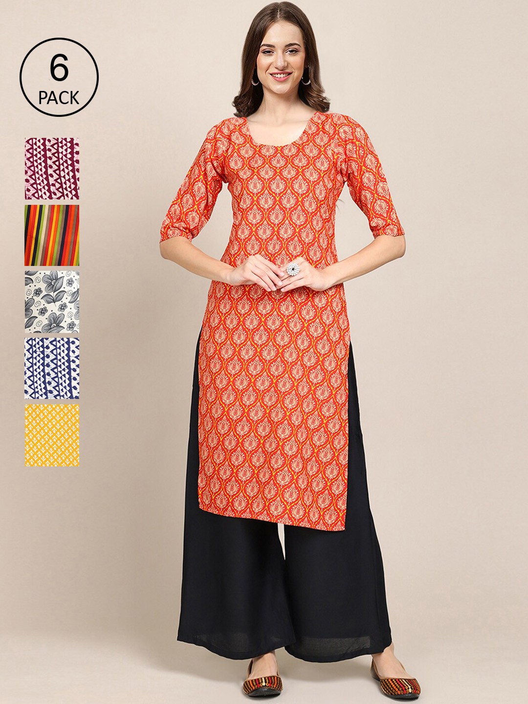 

Ethnic basket Women Pack of 6 Printed Summer Sheers Crepe Kurta, Grey