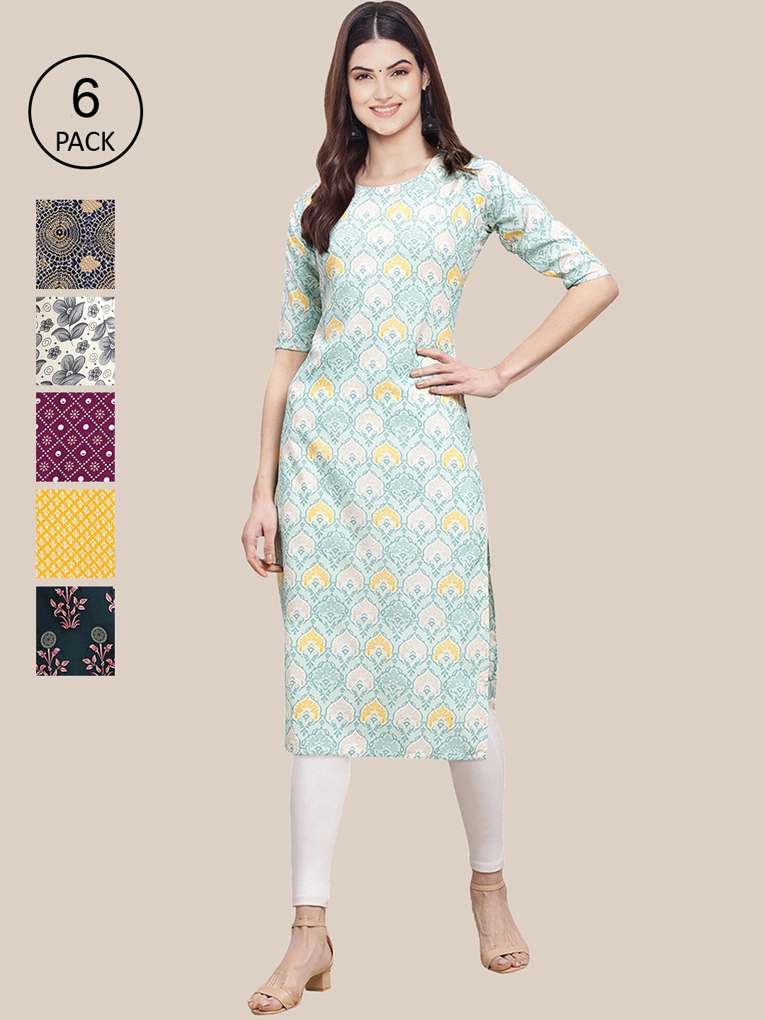 

Ethnic basket Pack of 6 Women Green & Magenta Floral Printed Summer Sheers Crepe Kurta