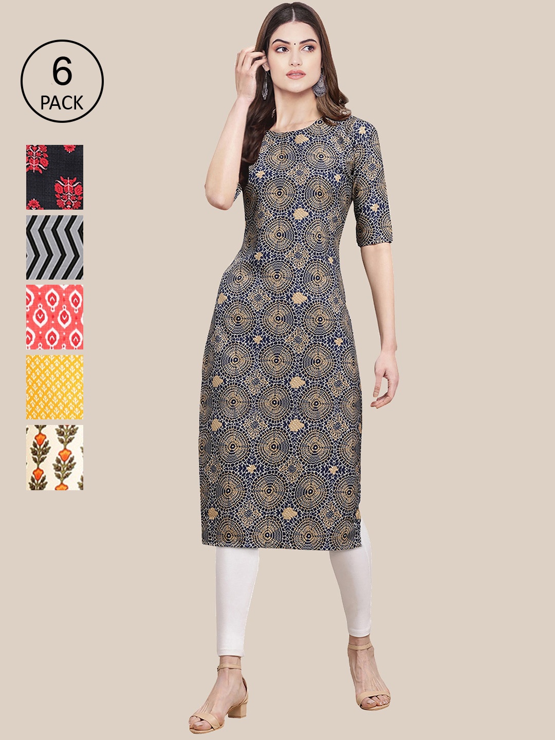 

Ethnic basket Women Pack Of 6 Printed Crepe Kurta, Pink