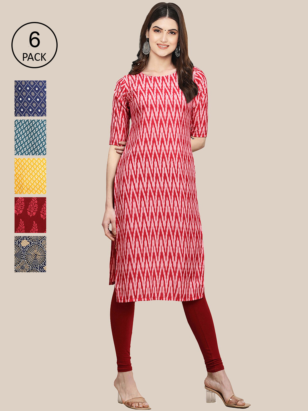 

Ethnic basket Women Pack of 6 Multicoloured Geometric Printed Crepe Kurta, Multi