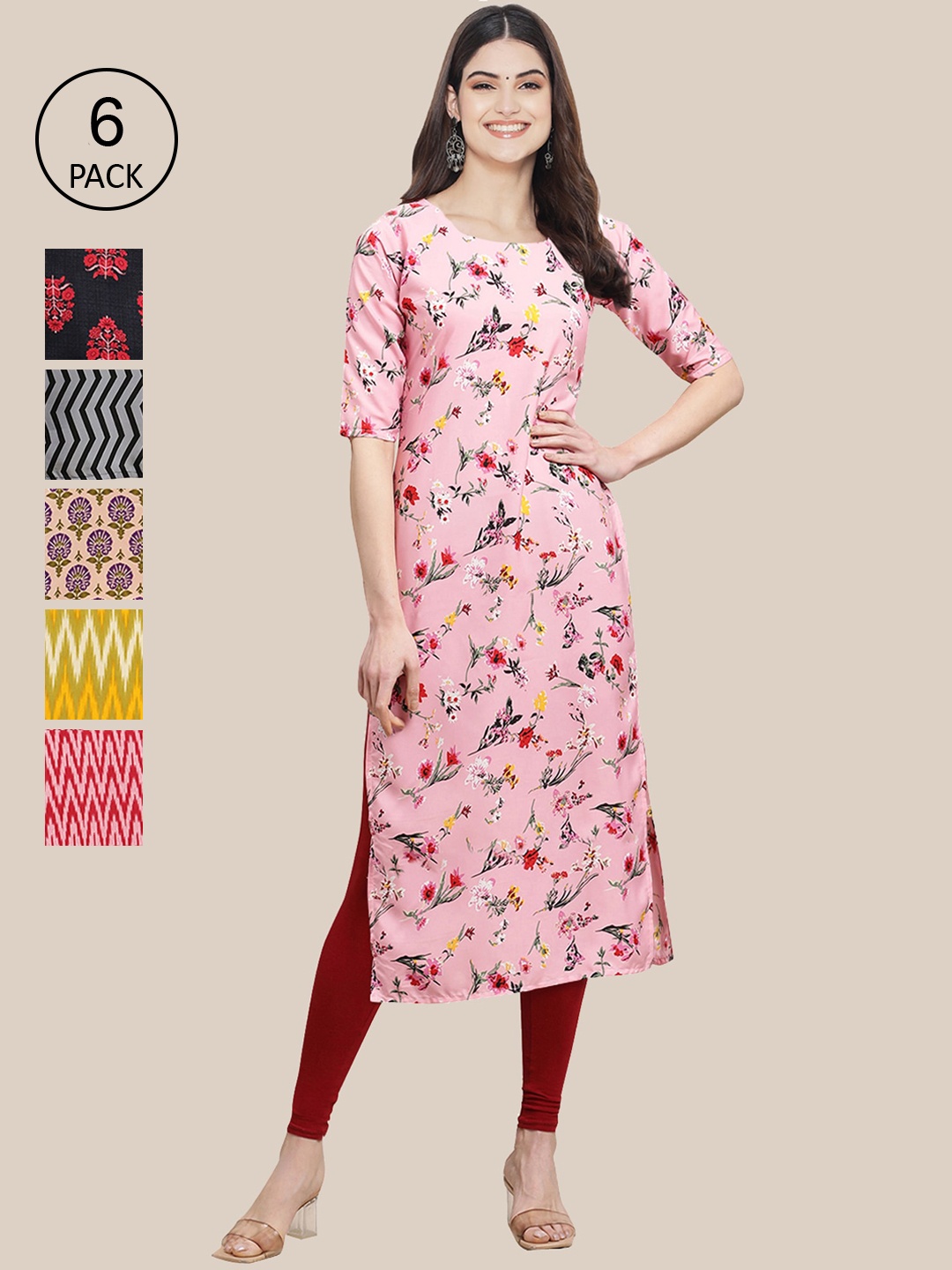 

Ethnic basket Women Pack Of 6 Floral Printed Crepe Kurta, Multi