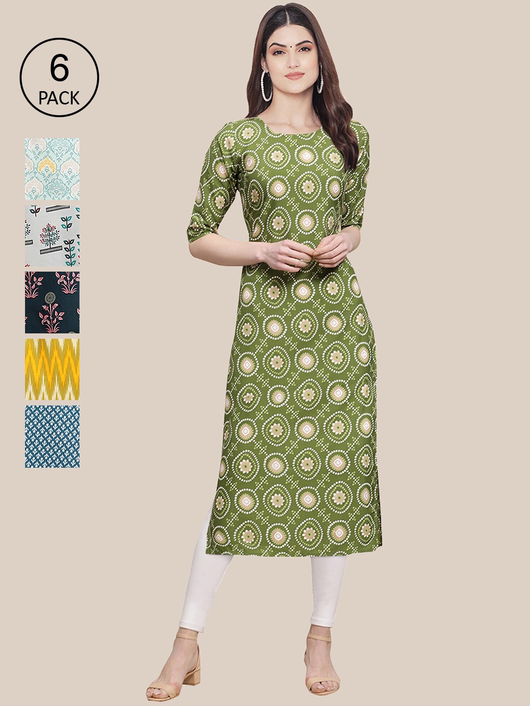 

Ethnic basket Women Pack Of 6 Geometric Printed Crepe Kurta, Green