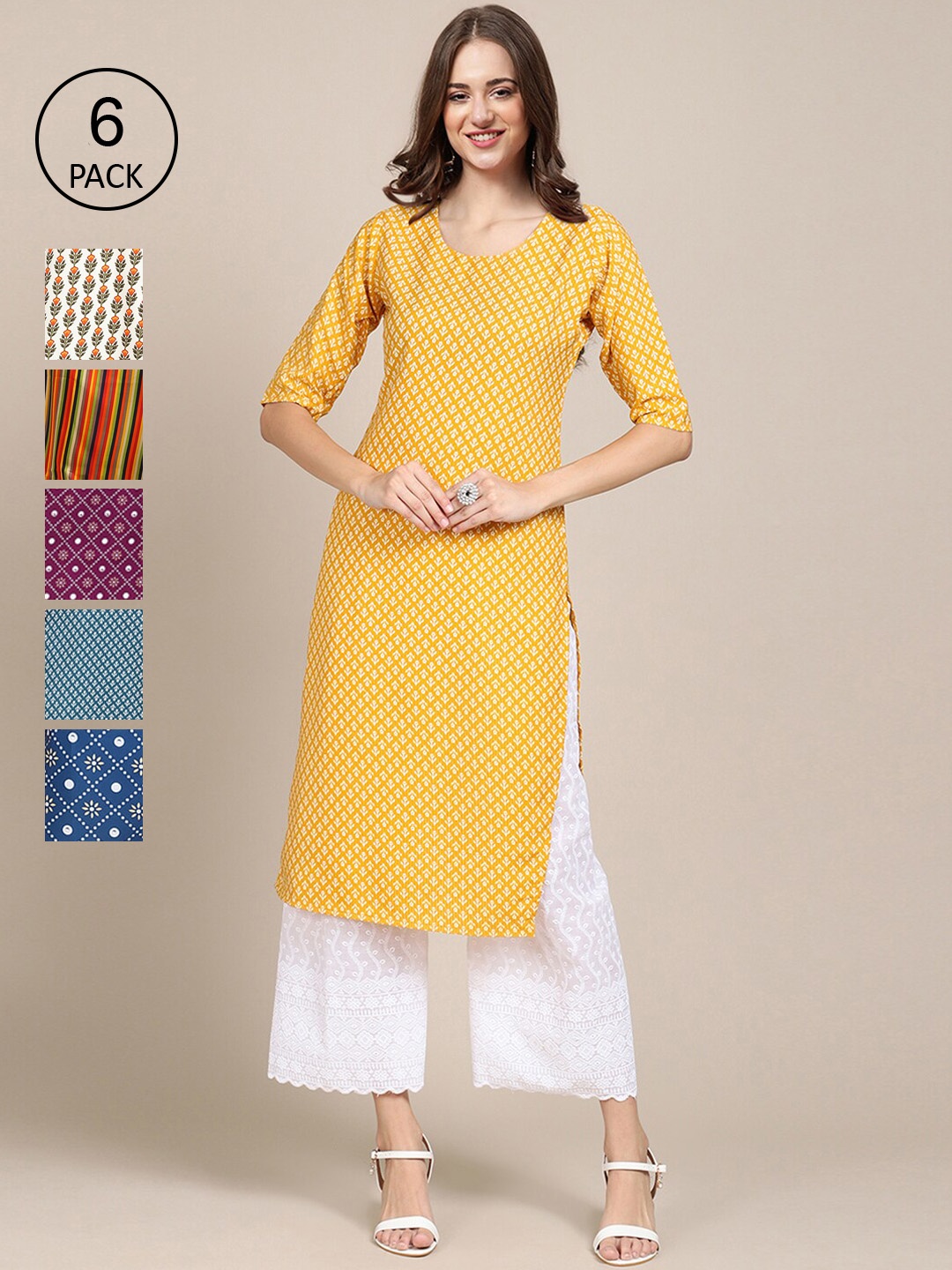

Ethnic basket Women Pack of 6 Printed Crepe Kurtas, Orange