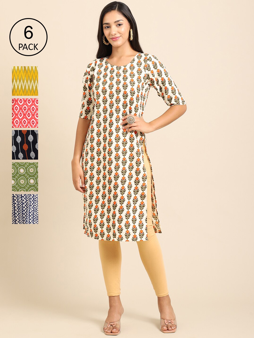 Ethnic basket Women Pack of 6 Quirky Printed Crepe Kurta, Multi