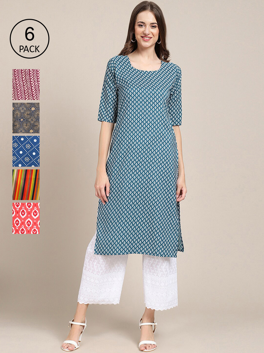 

Ethnic basket Women Pack Of 6 Printed Summer Sheers Crepe Kurta, Blue