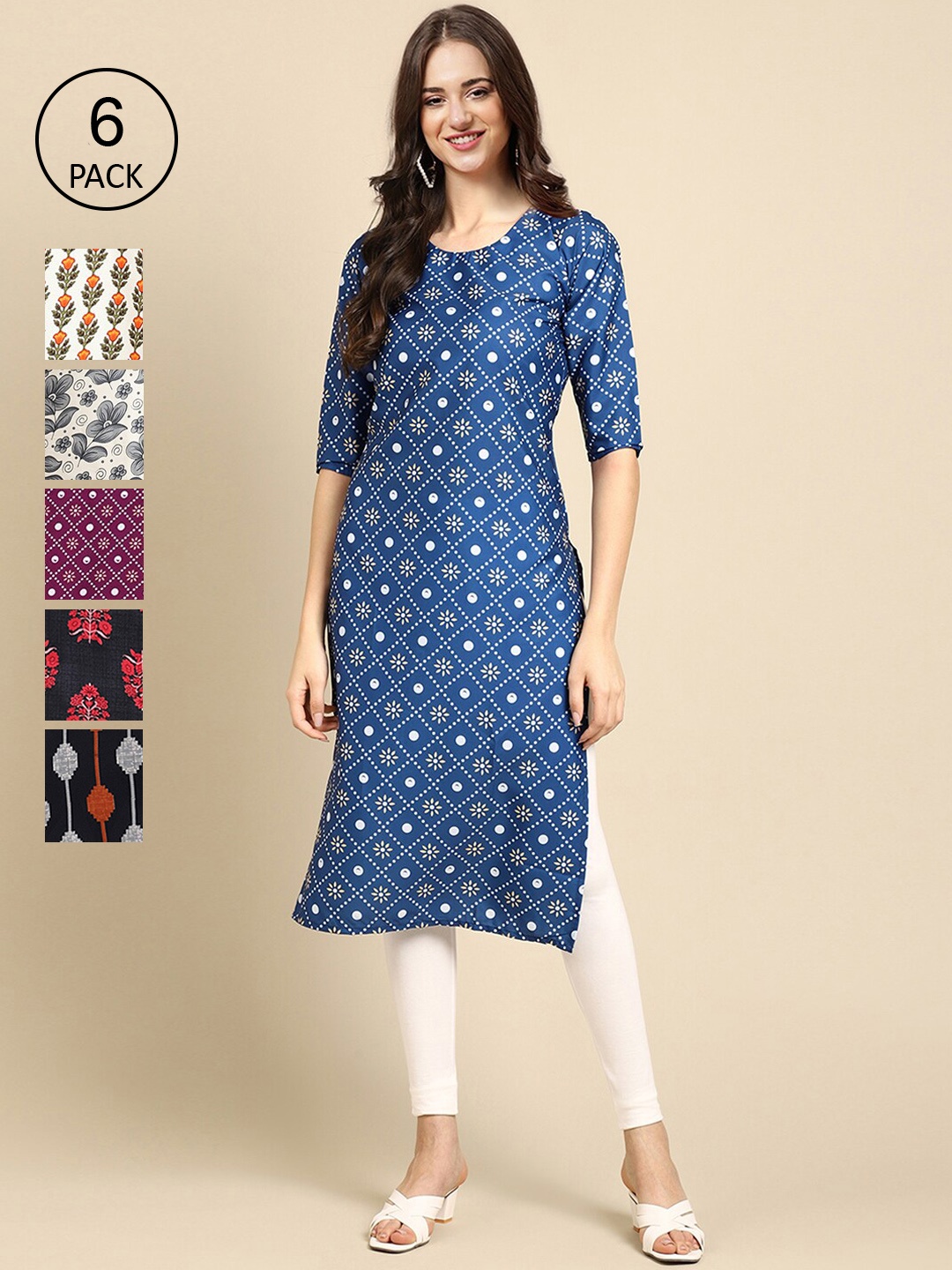 

Ethnic basket Women Pack of 6 Blue & White Ethnic Motifs Printed Crepe Kurta