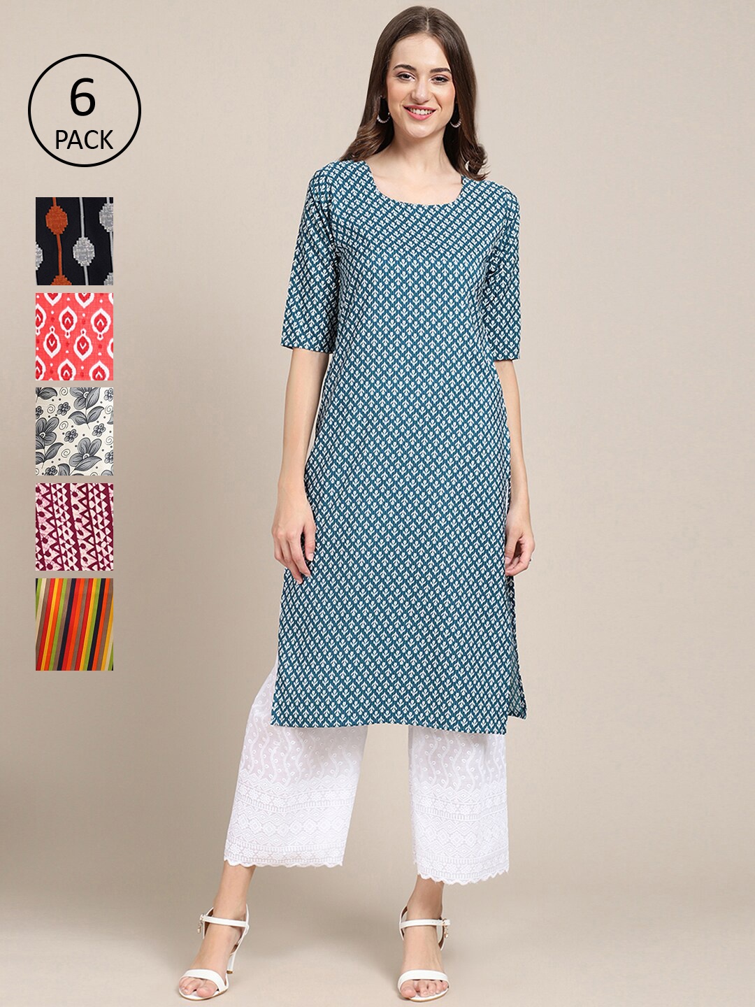 

Ethnic basket Women Pack Of 6 Multicoloured Geometric Printed Crepe Kurta, Multi
