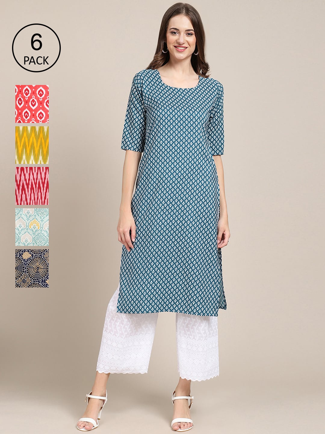 

Ethnic basket Women Pack Of 6 Geometric Striped Crepe Kurta, Multi