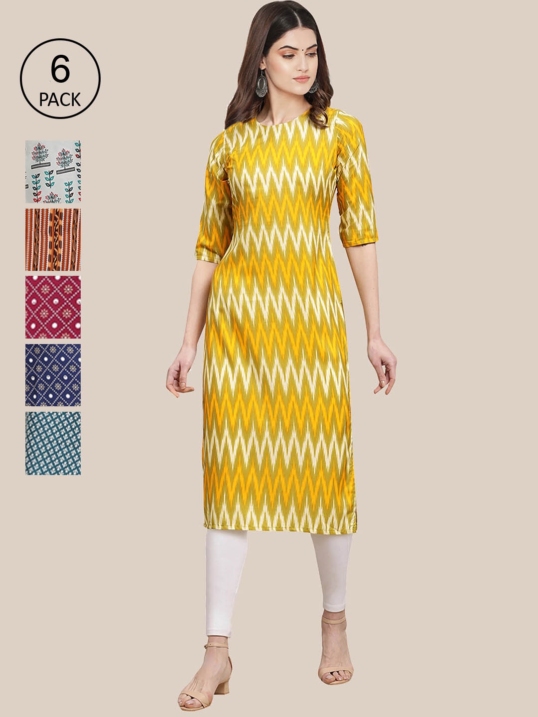 

Ethnic basket Women Pack of 6 Geometric Printed Summer Sheers Crepe Kurta, Yellow
