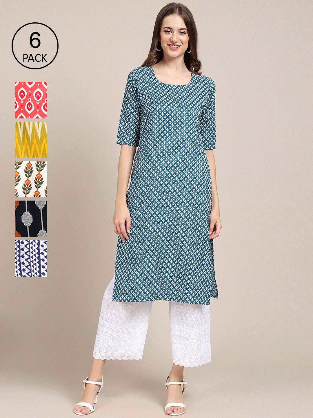 

Ethnic basket Women Pack of 6 Digital Printed Crepe Straight Kurtas, Blue