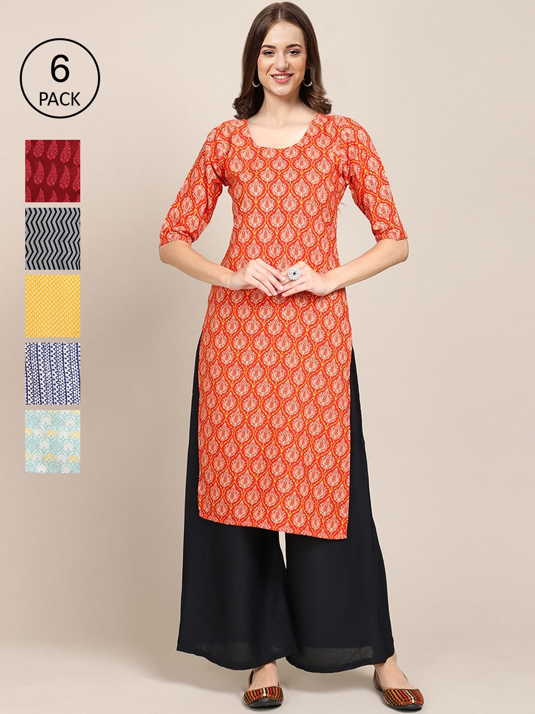 

Ethnic basket Women Pack of 6 Orange & Red Ethnic Motifs Printed Crepe Kurta