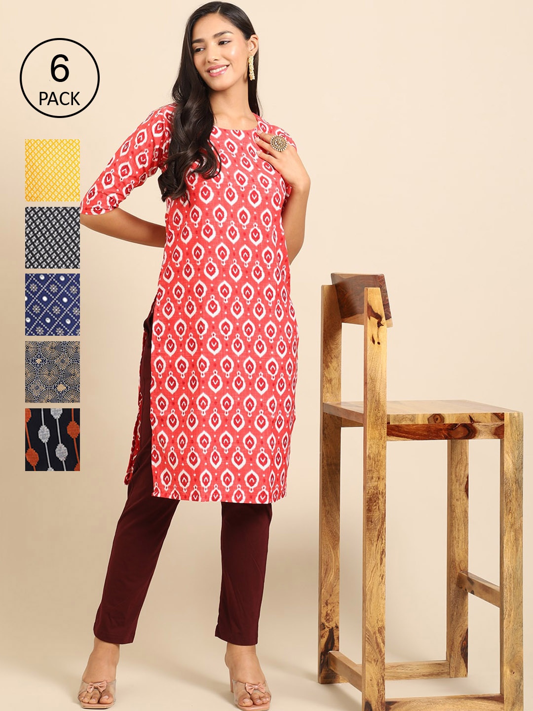 

Ethnic basket Women White and Red Summer Sheers Crepe Kurta [PACK OF 6]
