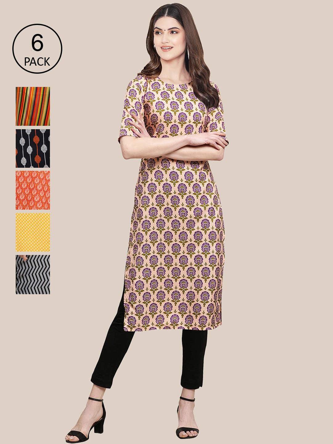 

Ethnic basket Women Pack Of 6 Printed Summer Sheers Crepe Kurta, Cream
