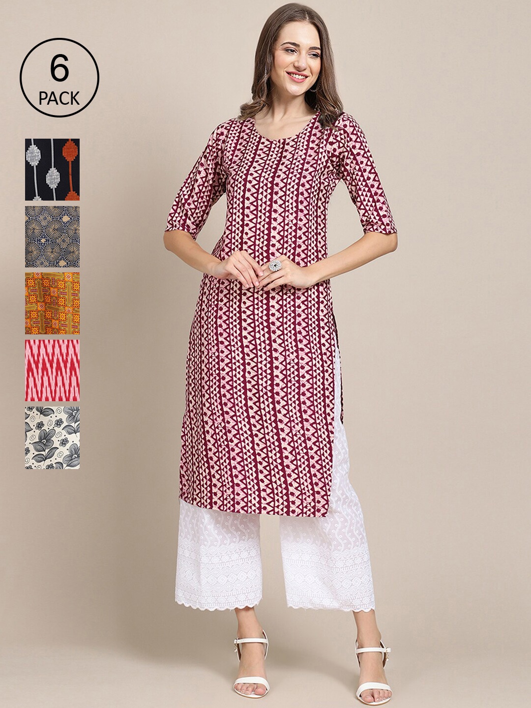 

Ethnic basket Women Pack of 6 Multicoloured Geometric Printed Crepe Kurta, Multi