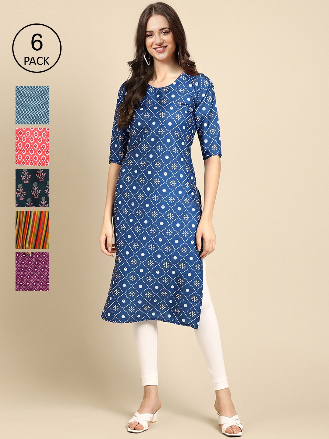 

Ethnic basket Women Pack of 6 Floral Printed Crepe Kurta, Blue