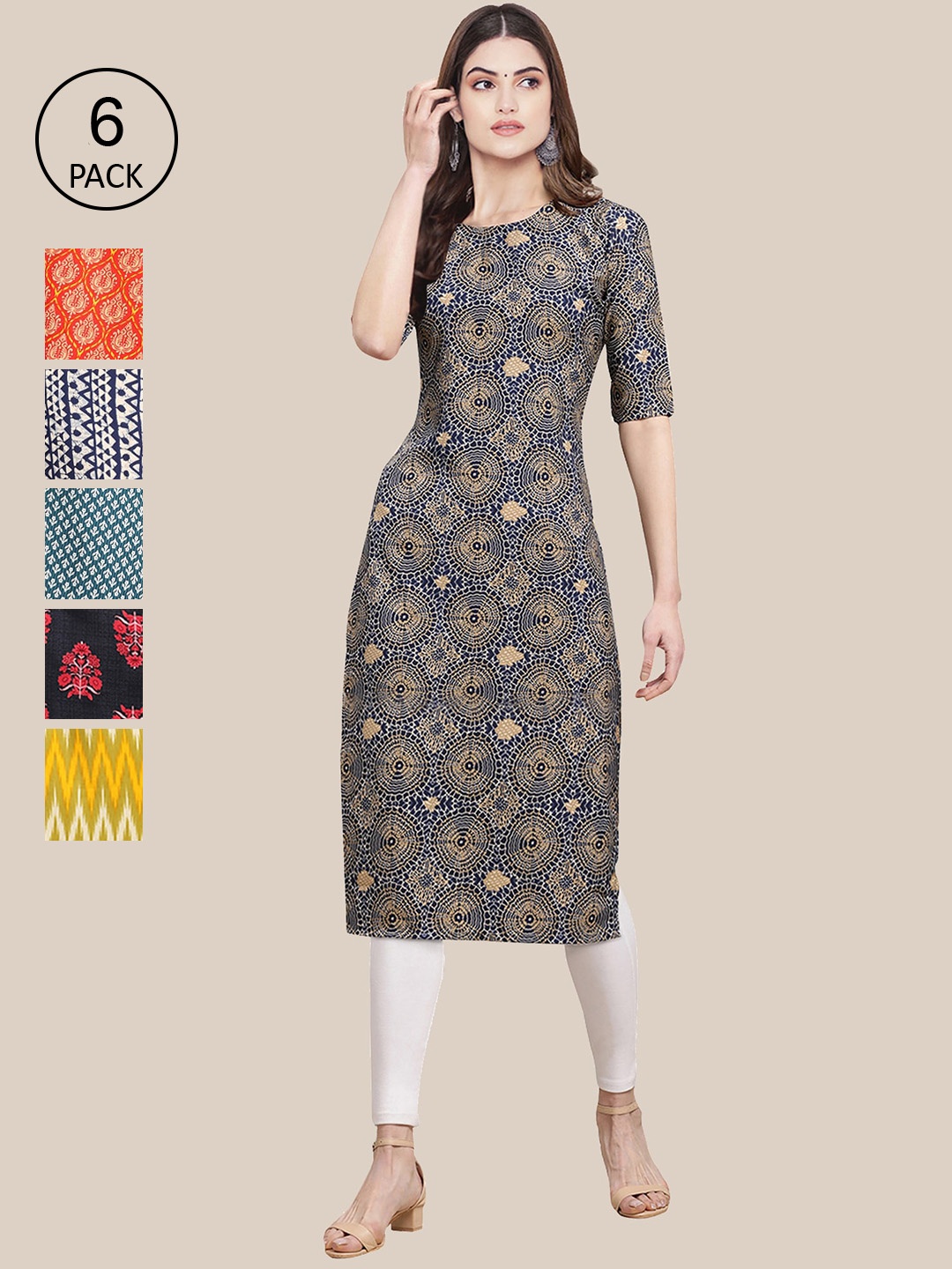 

Ethnic basket Women Navy Blue & Red Pack of 6 Geometric Printed Crepe Kurtas