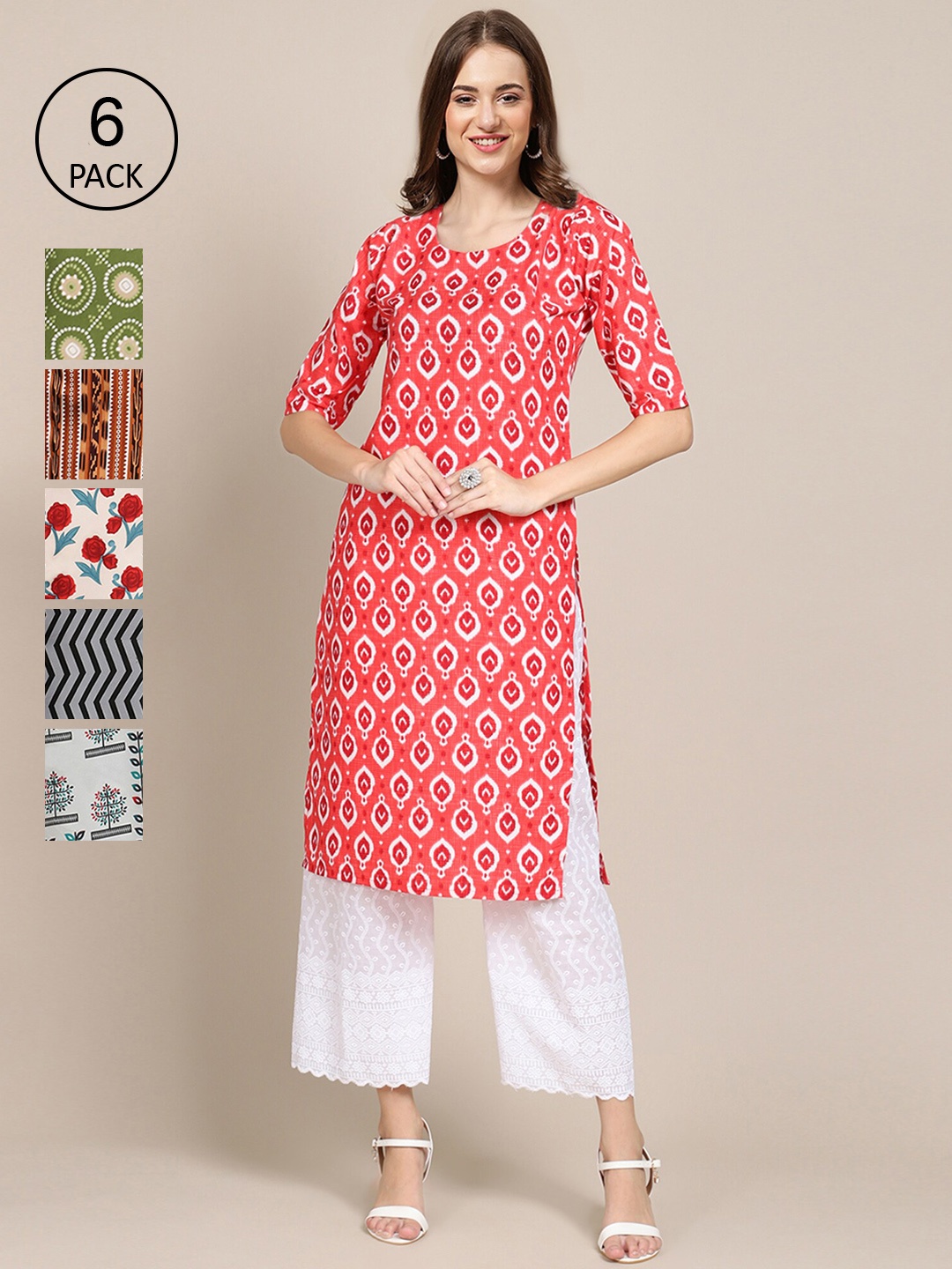 

Ethnic basket Pack of 6 Women Pink & Beige Floral Printed Summer Sheers Crepe Kurta