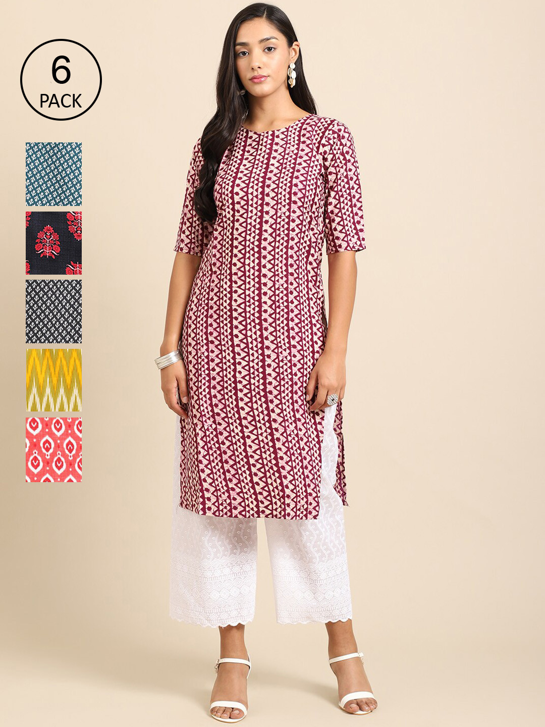 

Ethnic basket Women Blue & Pink Pack Of 6 Geometric Printed Summer Sheers Crepe Kurta