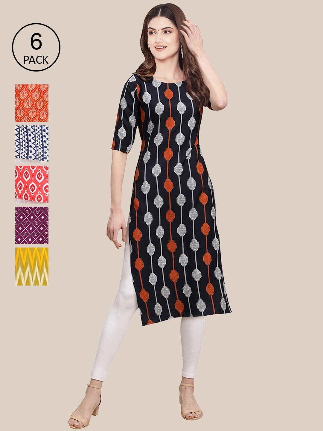 

Ethnic basket Women Pack of 6 Black & Orange Geometric Printed Crepe Kurta