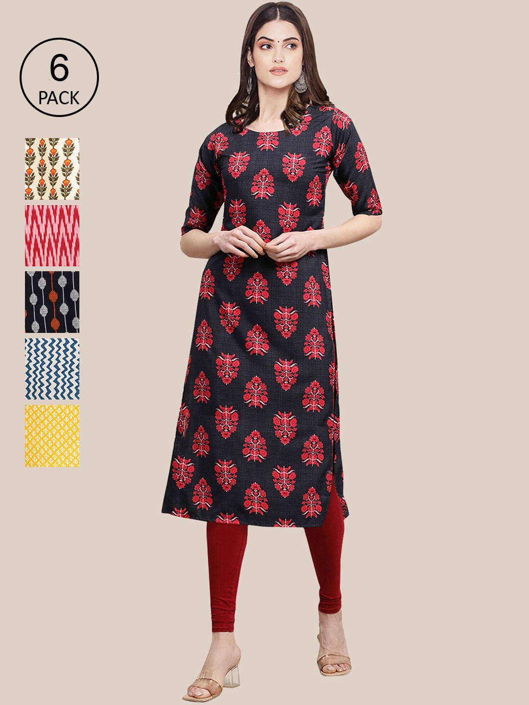 

Ethnic basket Women Pack of 6 Summer Sheers Crepe Kurta, Black