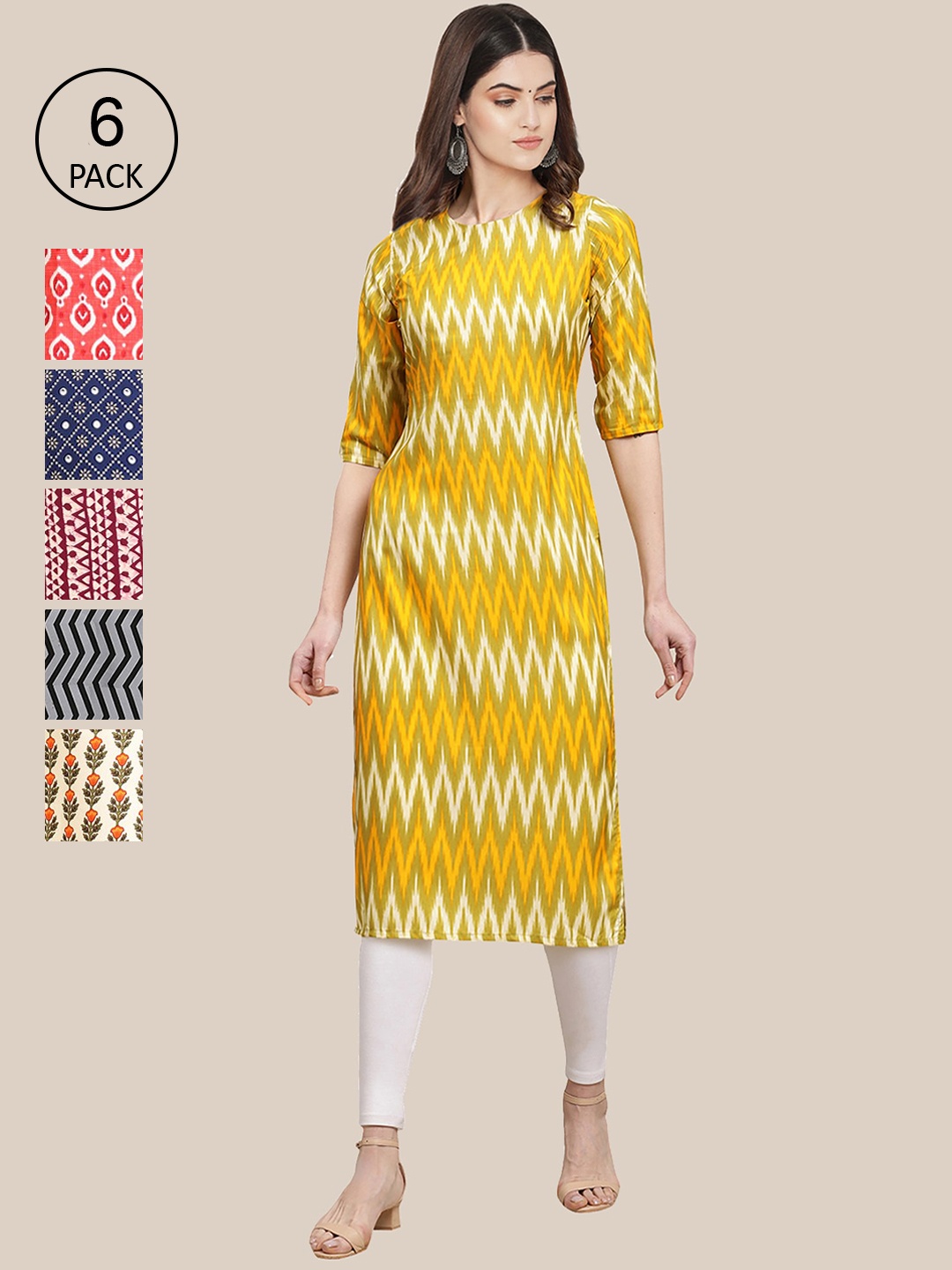 

Ethnic basket Women Pack Of 6 Yellow Geometric Printed Crepe Kurta