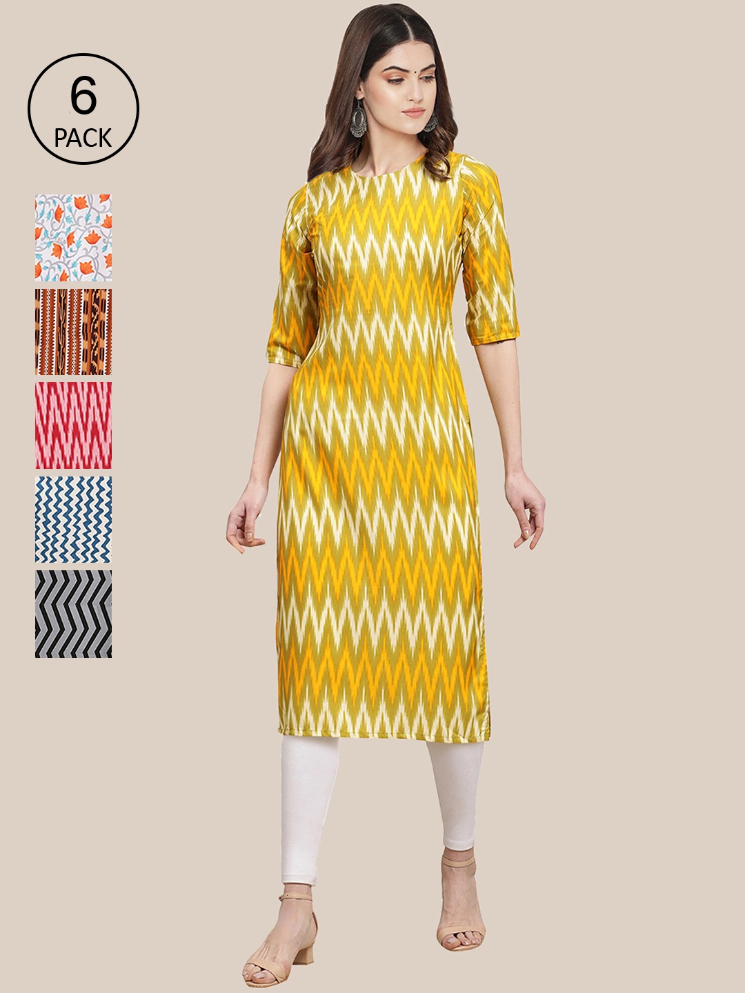

Ethnic basket Women Multicoloured Pack of 6 Crepe Kurta, Multi