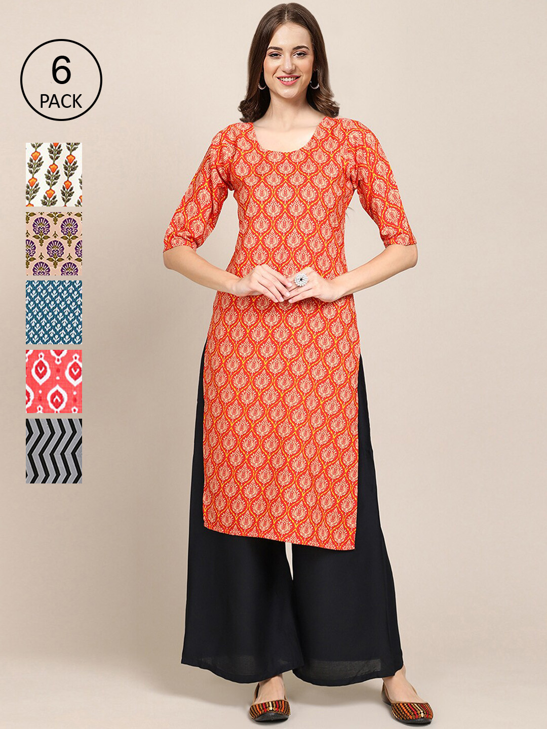 

Ethnic basket Pack of 6 Women Printed Straight Crepe Kurta, Multi