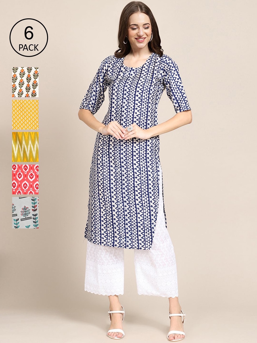 

Ethnic basket Women Pack of 6 Geometric Printed Block Print Crepe Kurta, Black