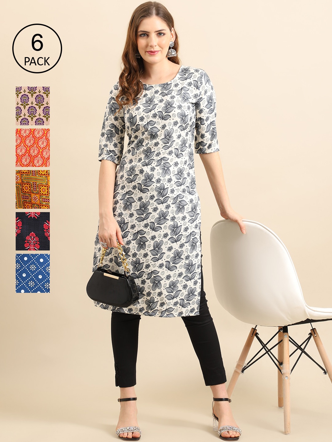 

Ethnic basket Women Pack of 6 Printed Crepe Kurtas, Multi