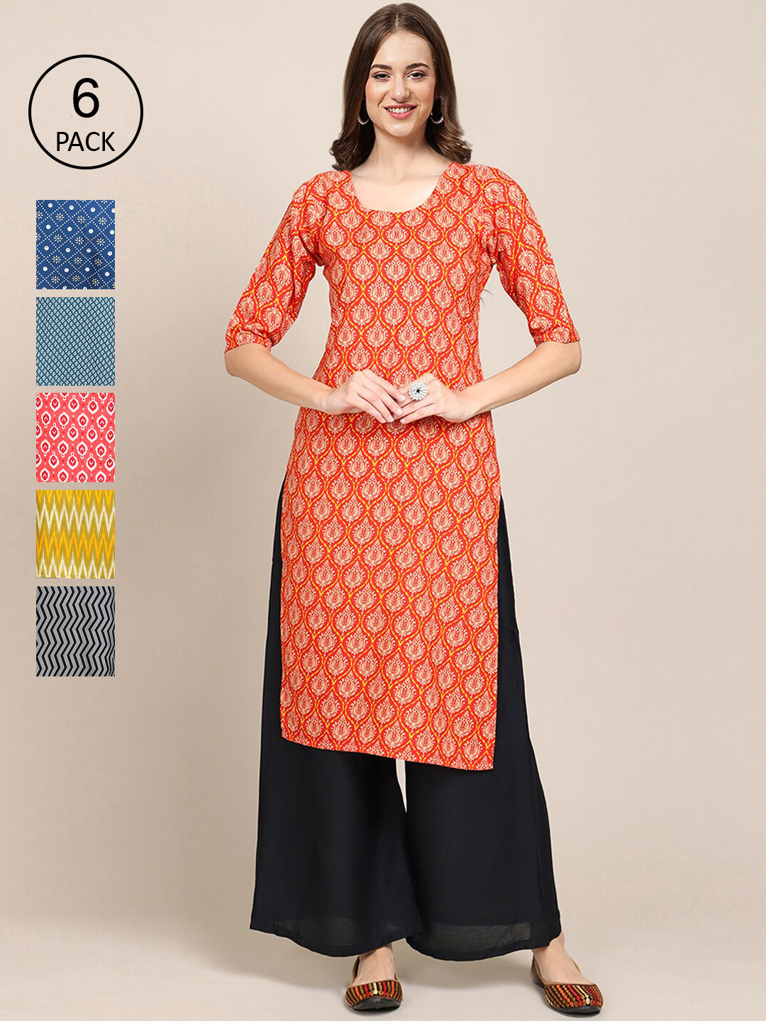 

Ethnic basket Women Pack of 6 Geometric Printed Summer Sheers Crepe Kurta, Orange