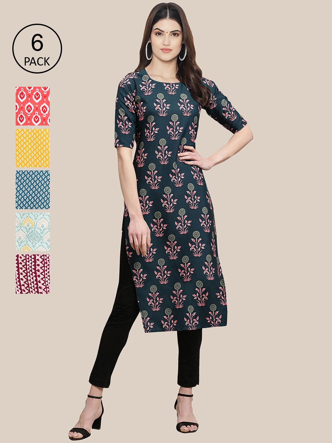 

Ethnic basket Women Pack of 6 Printed Crepe Kurtas, Multi